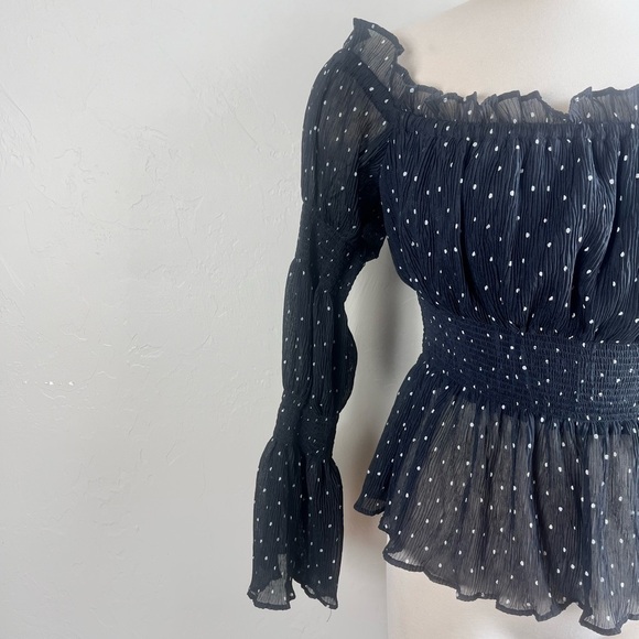 Endless Rose Sheer Black White Polka Dot Smocked Top - Picture 3 of 7